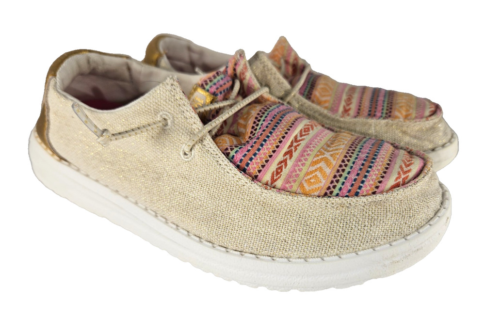 HEYDUDE Wendy Kids Size 5 Natural Multi Boho Festival Casual Slip On Shoes